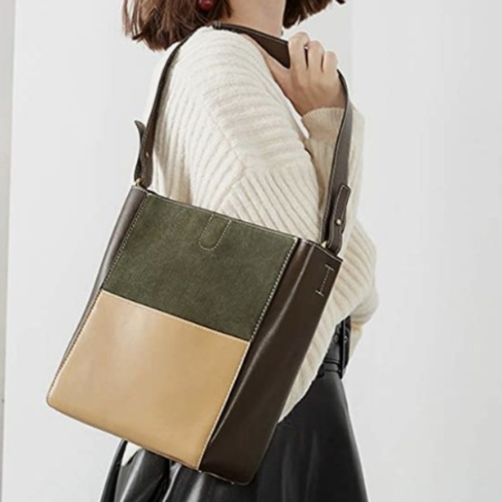 NWT! Genuine Leather Minimalist Color Block Tote Bucket Bag Olive🔥HP 3-23-24🔥 - Picture 1 of 10